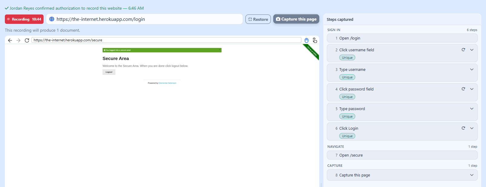 Recording a website pull in Pulse: a live browser on the left and the steps captured on the right, grouped into Sign in, Navigate, and Capture