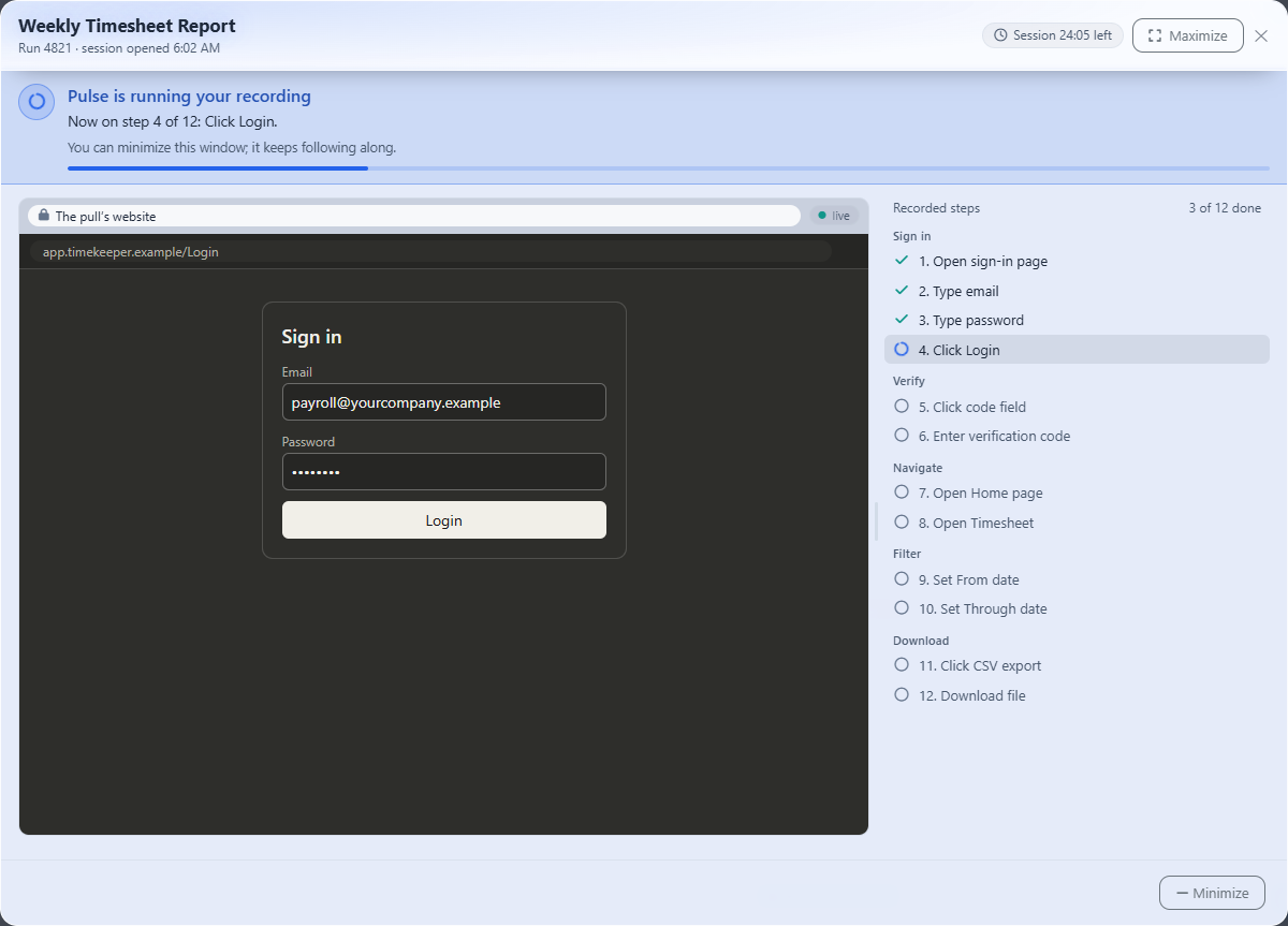 Pulse AutoPull run window: Pulse is running a recorded login, now on step 4 of 12, with a live view of the website's sign-in page and the checklist of recorded steps