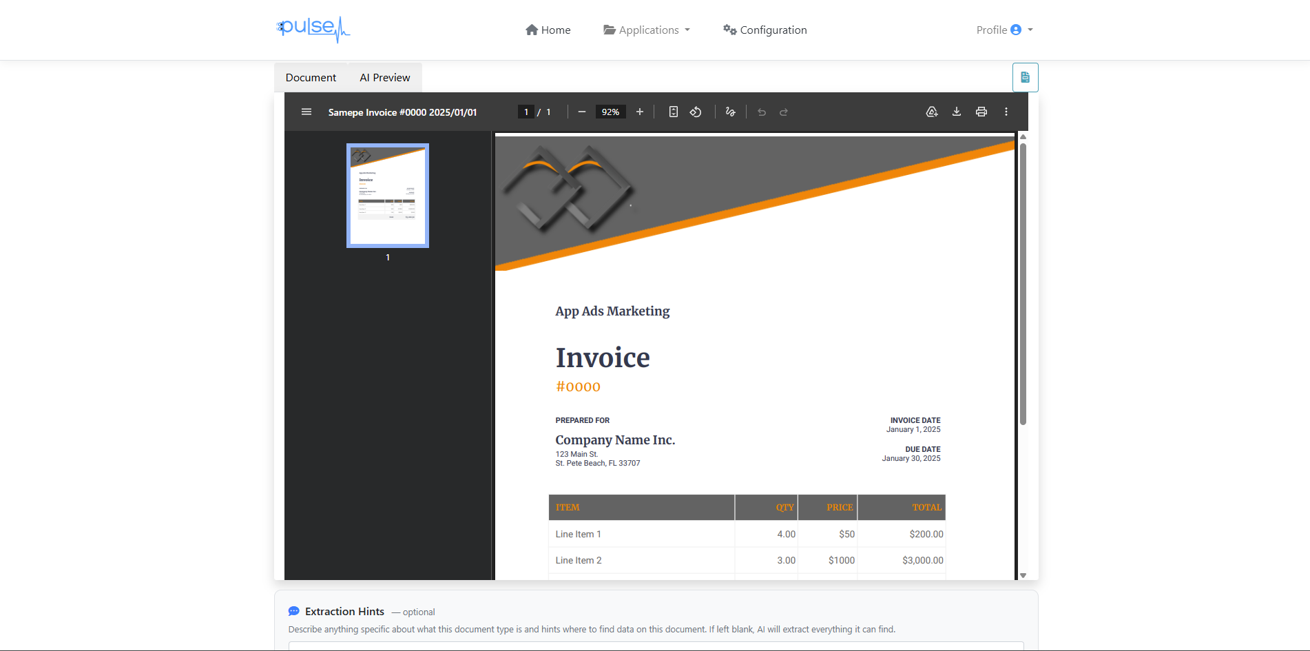 Pulse document viewer showing an invoice with the AI processing tab