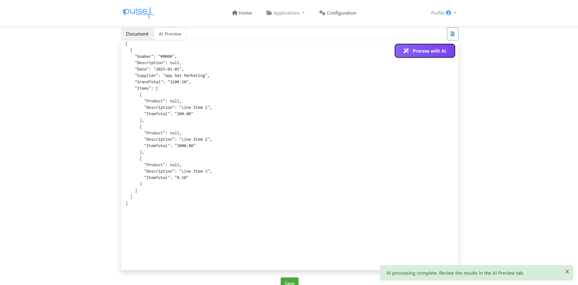 Pulse AI extracted invoice data showing structured JSON result