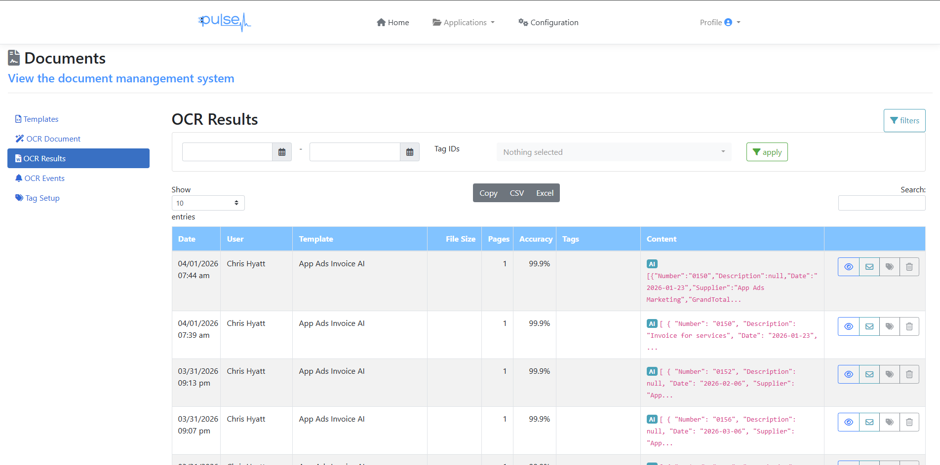 Pulse OCR Results table showing processed invoices with 99.9% accuracy