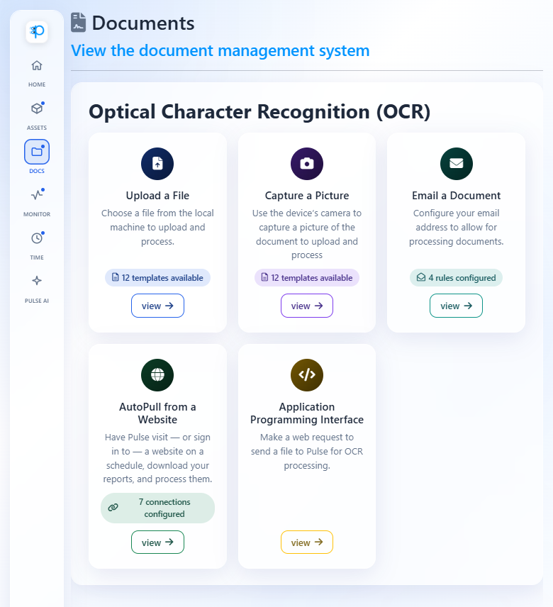 Pulse screen offering every way to send a document: upload a file, capture a picture, email a document, AutoPull from a website, or the API