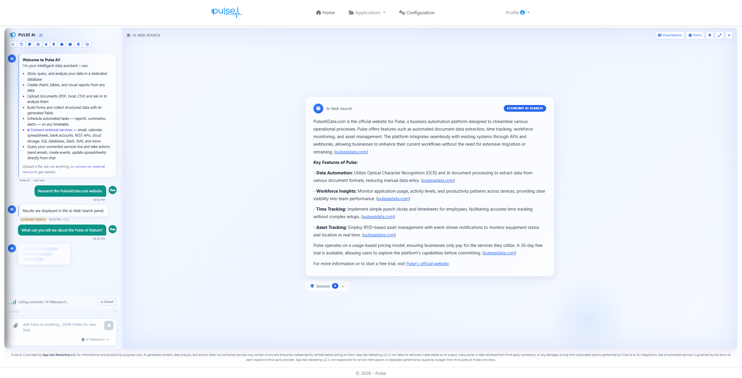 Pulse AI mid-task showing a live connector-call status with a cancel control, followed by a sourced AI Web Search answer with cited sources