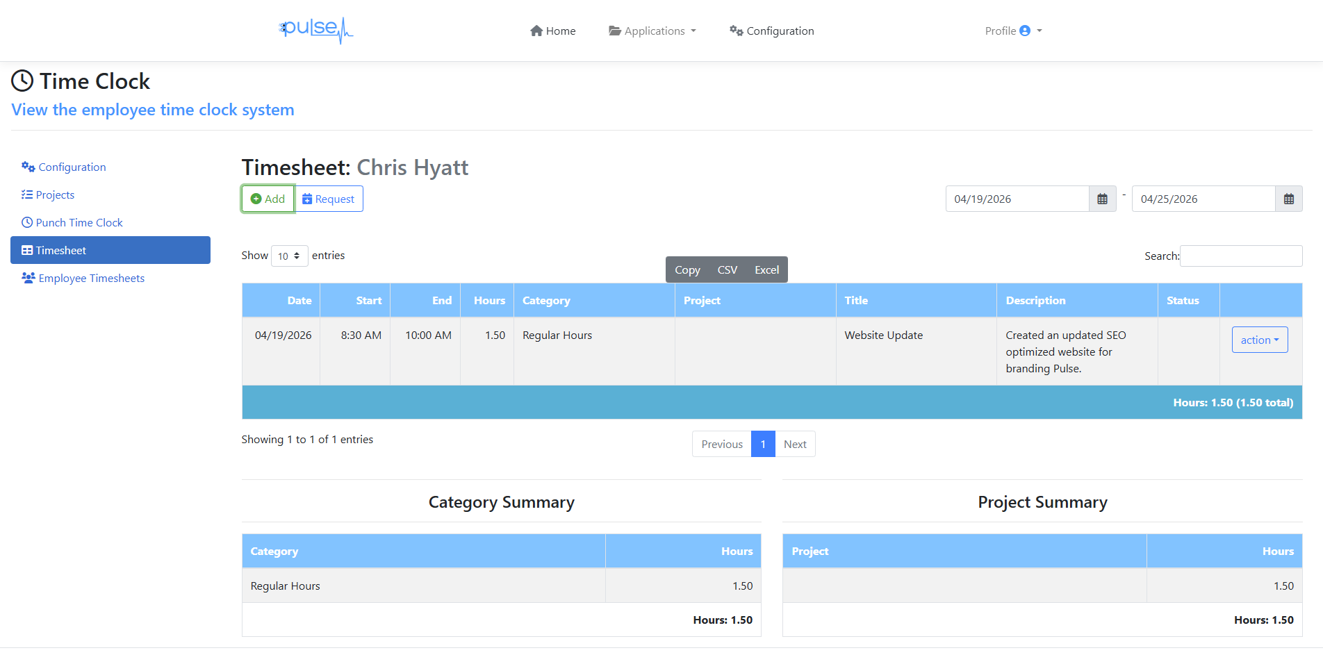 Pulse timesheet showing employee hours by date with project and category breakdown